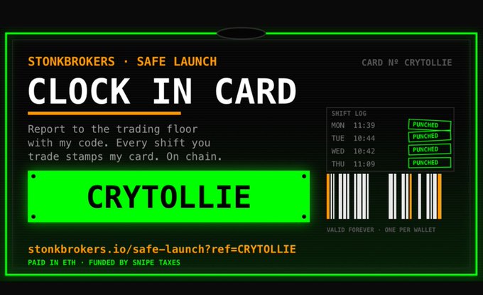 A digital 'CLOCK IN CARD' for 'CRYTOLLIE' on the StonkBrokers platform, showing a shift log with punched times and a referral link at the bottom.