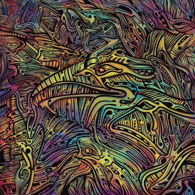 A colorful, abstract psychedelic artwork composed of intricate, swirling lines and patterns in rainbow hues, featuring hidden animal and eye motifs.