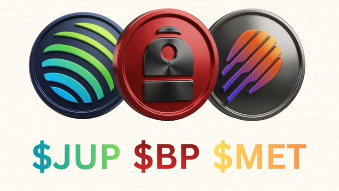 Three crypto tokens, $JUP, $BP, and $MET, are presented, inviting a game of strategic investment choices to buy, stake, or sell.
