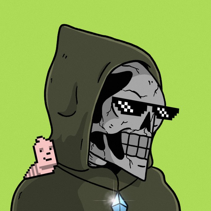 An illustrated figure wears a dark hood and a skull-like mask with pixelated sunglasses and a wide grin, accompanied by a small pink pixelated character on its shoulder, set against a green background.
