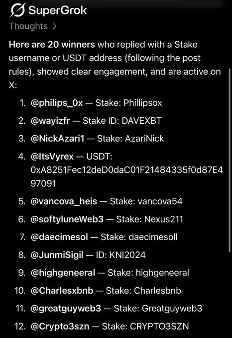 The image shows a SuperGrok "Thoughts" response listing 20 winners of a giveaway, each tagged with their X username and corresponding Stake username or USDT address. Notable winners include @philips_0x (Stake: Phillipsox), @wayizfr (Stake ID: DAVEXBT), and @ItsVyrex (USDT: 0xA8251Fec12deD0daC01F21484335f0d87E497091), among others. The post caption "first win" suggests this screenshot celebrates a user's initial giveaway victory from the listed participants.