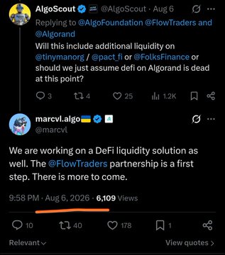 A Twitter exchange where AlgoScout questions the Algorand Foundation about DeFi liquidity, and marcvl.algo responds about working on a DeFi liquidity solution with the FlowTraders partnership.