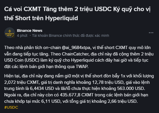 A Vietnamese Binance News article stating that the CXMT whale added another 2 million USDC as margin for a short position on Hyperliquid, now holding approximately 2,072 CXMT shorts worth about $12.78 million.