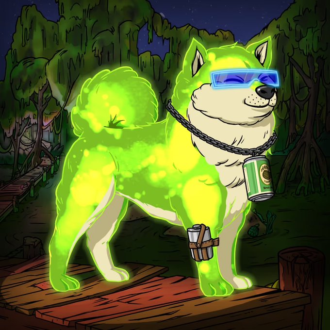 A digital illustration of a Shiba Inu dog glowing neon green (radioactive style) wearing futuristic blue sunglasses, a chain necklace with a 'PUMP SPOT' can, and a utility pouch, standing on a wooden dock in a dark forest.