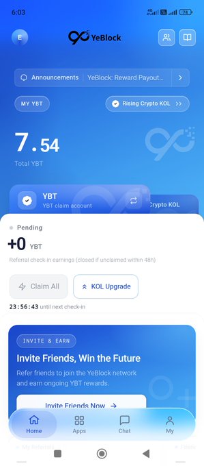 The image shows the YeBlock app displaying a user's YBT balance of 7.54, with a pending check-in reward of +0 YBT and a 23:56:43 countdown to the next check-in. It relates to the post by highlighting the limited mining allocation of 30 million YBT tokens, emphasizing how the platform's check-in rewards contribute to the gradually depleting mining supply as the user base grows.