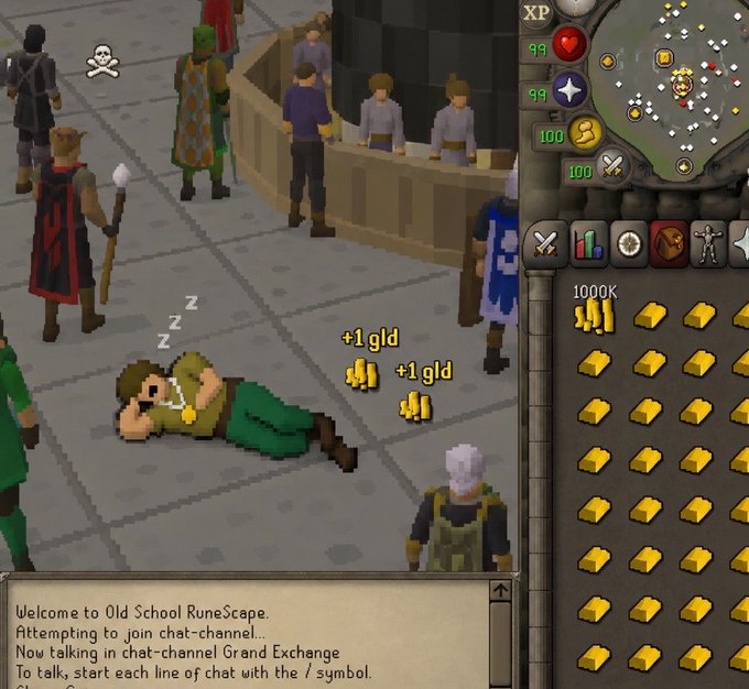 A screenshot from Old School RuneScape shows a player sleeping on the ground with gold coins dropping nearby, with the welcome message 'Welcome to Old School RuneScape' in the chat box.