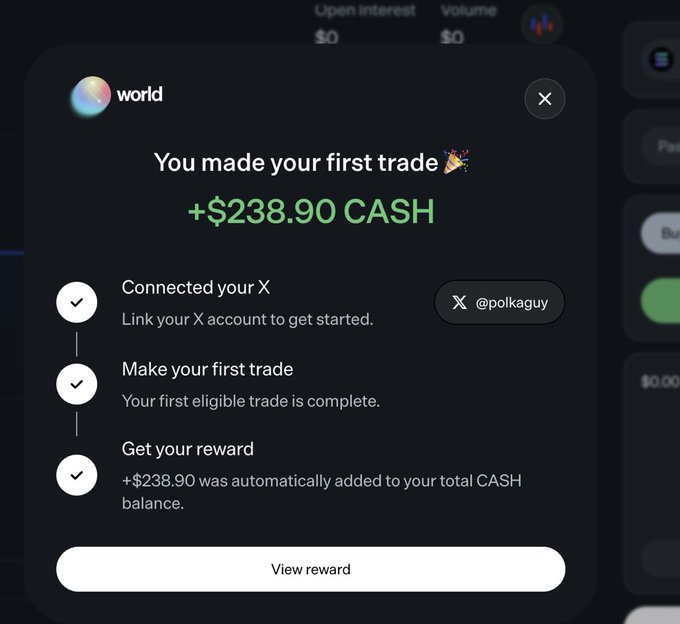 A popup from World.xyz congratulates the user on making their first trade and shows they earned **+$238.90 CASH**, with completed steps including connecting their X account (@polkaguy), making their first eligible trade, and receiving the reward. The image illustrates the success of the steps outlined in the post for earning cash on World.xyz.