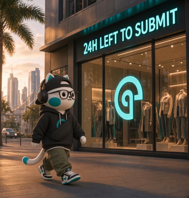A 3D-rendered character wearing a cat-eared hoodie and headphones walks past a storefront displaying a glowing neon logo and a sign reading '24H LEFT TO SUBMIT'.