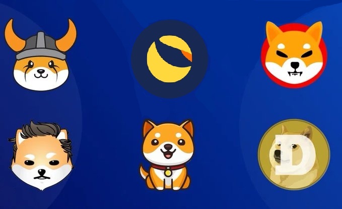Six meme coin mascots and logos are arranged against a dark blue background: a Shiba Inu wearing a Viking helmet (Floki), a yellow crescent moon on a navy circle (LUNC), a grinning Shiba Inu on a red circle (Shiba Inu/BABYDOGE), a Shiba Inu with stylized hair (DOGE), a cartoon Shiba Inu puppy with a red collar (BABYDOGE), and a Shiba Inu behind a gold coin marked "D" (DOGE). The graphic visually represents the six tickers ($DOGE, $LUNC, #BABYDOGE, $FLOKI, $SHIB, $ELON) listed in the caption as contenders for the next 100x gainer.