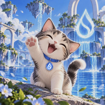 A cute animated kitten with a blue collar waves its paw cheerfully in a magical fantasy setting with floating islands and a glowing blue water droplet symbol.