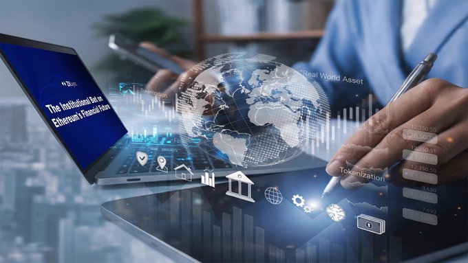A digital composite showing hands holding a pen and tablet with a holographic globe, displaying 'The Institutional Path to Ethereum's Trusted Future', 'Real World Asset', and 'Tokenization' with various financial icons.