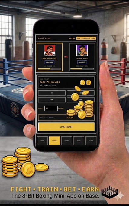 The image shows a hand holding up a smartphone displaying an app called "Fight, Train, Bet, Earn" with a boxing theme. The app allows users to wager on their favorite 8-bit crypto characters from various boxing matches. It also provides information about the current match and offers tips for making informed decisions in the boxing ring.