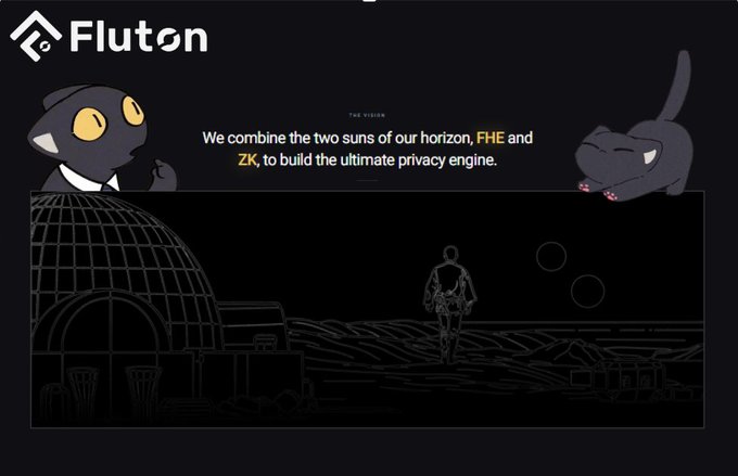 A promotional graphic for Fluton, featuring a black cat character and text stating 'We combine the two suns of our horizon, FHE and ZK, to build the ultimate privacy engine.'