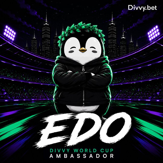 The image features an adorable penguin wearing a hoodie and standing upright against a black background. The penguin has a green wreath around its neck, giving it a unique appearance. In front of the penguin, there are purple lights that add a vibrant touch to the scene. The text "EDO" is written in white letters below the penguin's image, indicating that this is an advertisement for DivvyBet.