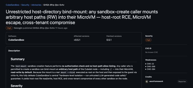 The image displays a GitHub Security Advisory page (GHSA-8frp-jfpv-5vhv) for a high-severity vulnerability in CubeSandbox affecting versions <0.5.1, titled "Unrestricted host-directory bind-mount," which allows arbitrary host path mounting into MicroVMs.

Notably, the advisory's "Credits" section attributes the discovery to "aeonframework," directly tying the technical vulnerability disclosure shown in the screenshot to the social media post promoting the $aeon token and the AeonFramework project's imminent repricing based on its growing reputation.
