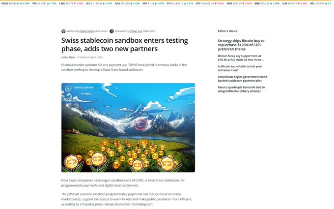 A news article titled 'Swiss stablecoin sandbox enters testing phase, adds two new partners' featuring a Coingecko image with Bitcoin coins in an alpine landscape, alongside an 'Editor's choice' sidebar mentioning Strategy's Bitcoin purchase.