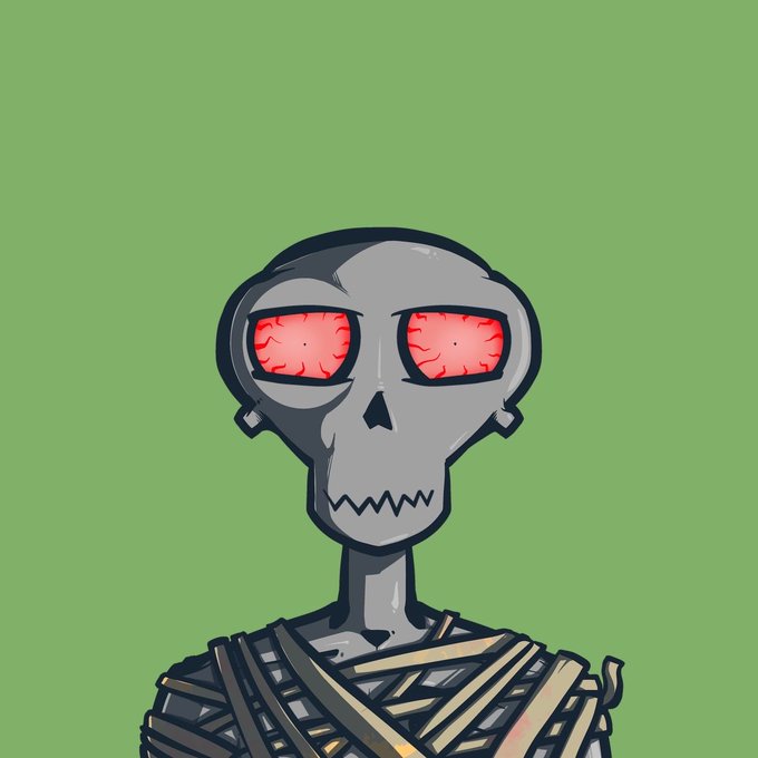 A cartoon illustration of a gray skeleton character with glowing red eyes wrapped in bandages against a bright green background.