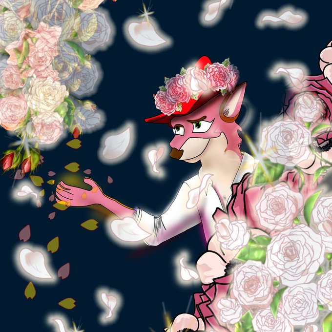 A digital illustration of an anthropomorphic pink fox character wearing a red hat adorned with flowers and a white ruffled collar, surrounded by falling rose petals and blooming flowers against a dark background.