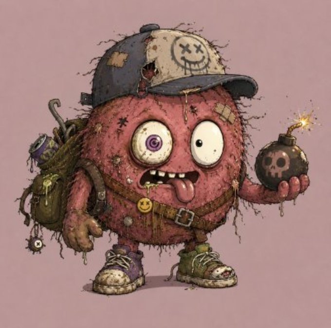 A grotesque cartoon illustration of a pink, fuzzy, one-eyed monster wearing a baseball cap and carrying a backpack, holding a lit bomb with a skull symbol.