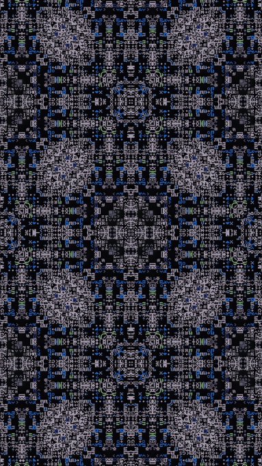 A dense, kaleidoscopic pattern of pixelated white text and symbols—featuring fragments like "MODE," "HEX," and numerical values such as "883478"—is arranged symmetrically against a black background with blue and green accents, evoking the layered, repetitive output of a digital calculator display. The work, titled "Calculator," mirrors the aesthetic of stacked numeric readouts, translating mechanical computation into abstract visual texture.