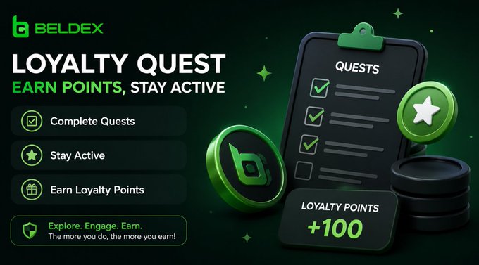 A 'BELDEX LOYALTY QUEST' promotional banner encourages users to earn points by completing quests, staying active, and earning loyalty points, featuring a green clipboard graphic with +100 loyalty points.