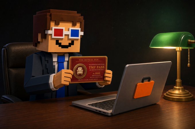 A Minecraft-style character with red-and-blue 3D glasses and a business suit sits at a desk under a green banker's lamp, proudly displaying a red 'TMF PASS' card on a laptop.