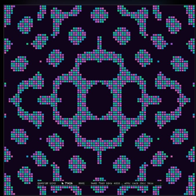 A pixel art-style design featuring a geometric crown or crystal pattern in teal and purple squares on a dark background, with partially visible text at the bottom including 'QUANTUM ECHO' and '71426'.