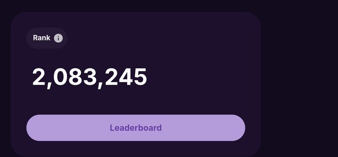 A dark purple user interface card displaying "Rank 1", the number "2,083,245", and a "Leaderboard" button.