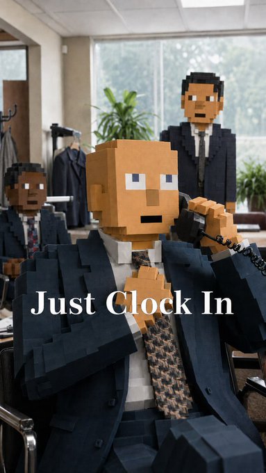 An office scene featuring blocky, pixelated characters in business attire, with the foreground character holding a telephone receiver and the text 'Just Clock In' displayed.