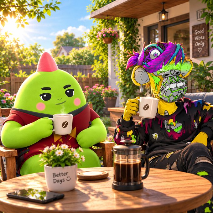 A digital illustration of a green blob-like character and a skull-faced figure in a painted jacket drinking coffee together at an outdoor cafe table.