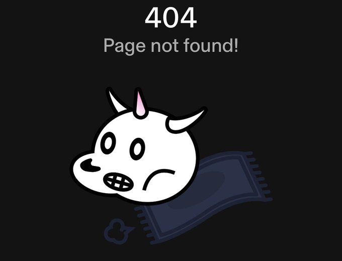 A cartoon unicorn character with a pained expression peeks out from under a rug, accompanied by the text "404 Page not found!" The image humorously references the famous @Uniswap mascot Liluni to suggest the coin lives directly on Uniswap's official site, poking fun at the app.uniswap.org 404 page.