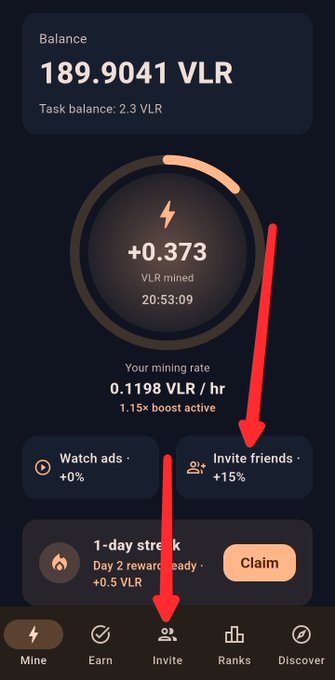 A mobile app interface showing a Veloriz Network mining dashboard with a balance of 189.9041 VLR, mining +0.373 VLR at a rate of 0.1198 VLR/hr, and a "Invite friends" option highlighted with a +15% boost, illustrating the referral system being explained in the post.
