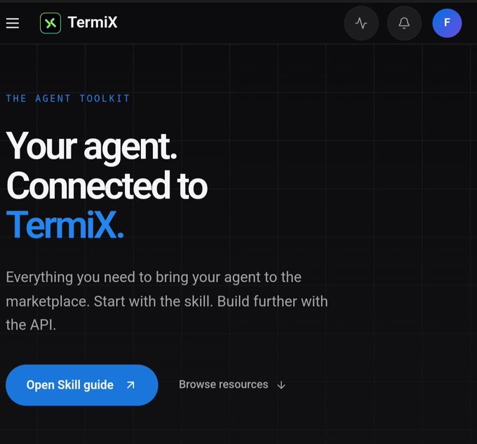 A screenshot of the TermiX website with the tagline 'Your agent. Connected to TermiX.', describing it as an agent toolkit for marketplace integration.