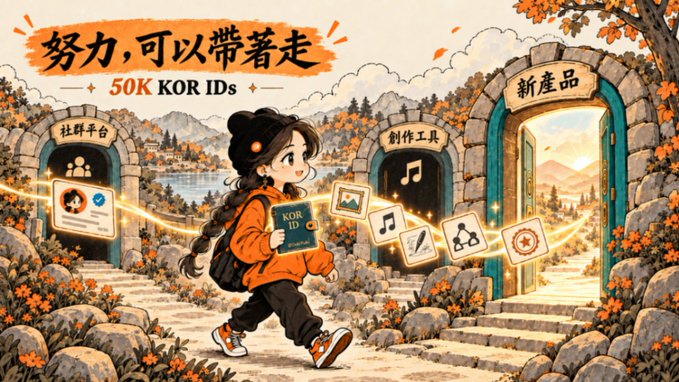 An illustration featuring Chinese text '努力,可以帶著走' and '50K KOR IDs', showing a girl with a backpack walking past stone archways labeled with various service categories.