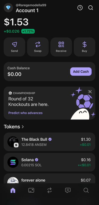 A cryptocurrency wallet app screenshot showing Account 1 with $1.53 balance (+1.72%), featuring tokens including The Black Bull ($1.30), Solana ($0.16), and 'forever alone' ($0.07).