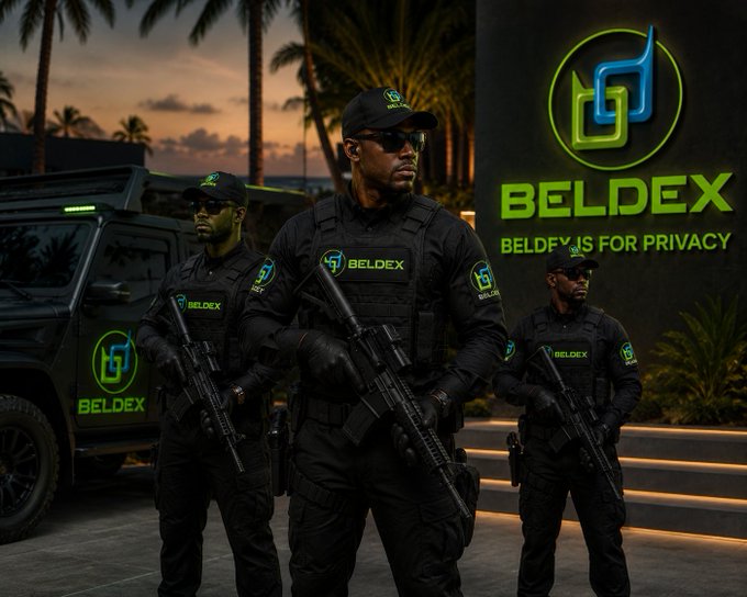 Three armed security personnel in black uniforms stand guard next to an armored vehicle, with a large green and blue sign reading 'BELDEX - BELDEX IS FOR PRIVACY' in the background.