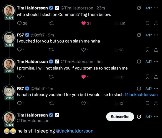 A Twitter exchange between Tim Haldorsson (@TimHaldorsson) and FS7 (@0xfs7) shows playful banter about "slashing" and "vouching" on Commons, with FS7 tagging Tim's brother @Jackhaldorsson to slash him in his sleep. The accompanying post humorously suggests Tim returned from a 3-hour date night to find a new "slashing" meta had emerged on the platform.