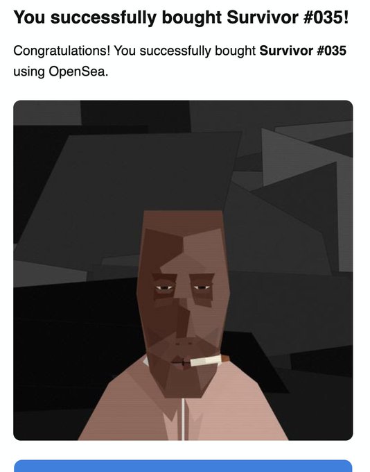A screenshot showing a successful OpenSea NFT purchase of 'Survivor #035,' featuring a low-poly digital portrait of a dark-skinned figure smoking a cigarette.