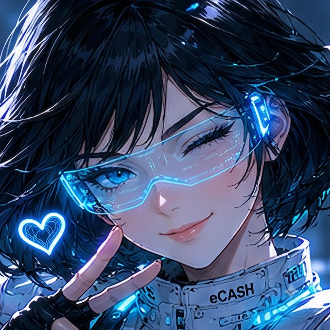 The image features a girl with blue eyes wearing futuristic glasses that have neon lights surrounding them. She has her hand raised in a peace sign, which is often associated with positive energy or goodwill. The caption below the image reads "Just say hi! eChan is @eCash: Bitcoin, but better and... kawaii!". This suggests that the girl's unique appearance and style might be related to the concept of cryptocurrency or digital currency, as indicated by the use of the hashtag #eCASH.