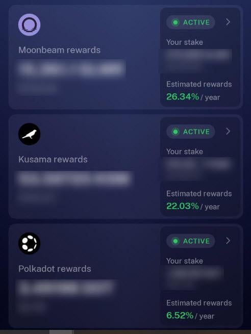 The image shows a staking rewards dashboard displaying three active positions: Moonbeam (GLMR) at 26.34% APY, Kusama (KSM) at 22.03% APY, and Polkadot (DOT) at 6.52% APY. This visually supports the post's argument by highlighting Polkadot's notably lower staking yield compared to Moonbeam, Kusama, and other alternatives like MOVR and BNC.