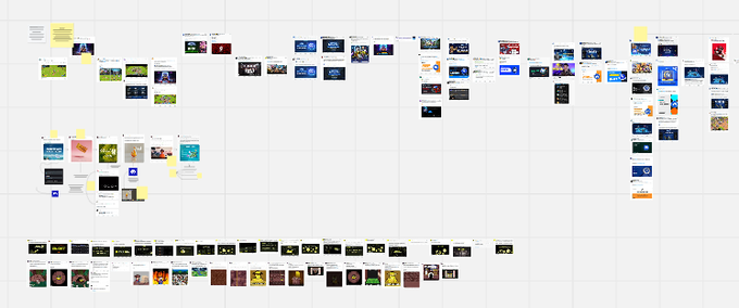 A large collaborative canvas or whiteboard view filled with numerous small thumbnail images, screenshots, and notes arranged in a scattered layout across a grid background.