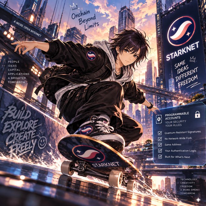 An anime-style promotional image for 'STARKNET' featuring a character on a skateboard, highlighting 'Programmable Accounts' with features like Quantum-Resistant Signatures and Same Address.