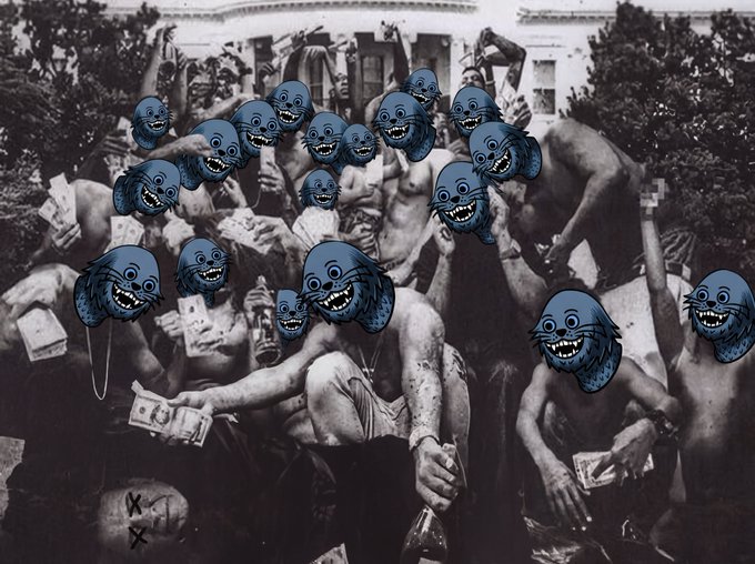 A black-and-white historical photo of shirtless, aggressive figures has been edited with multiple creepy blue cartoon faces featuring wide toothy grins covering their heads.