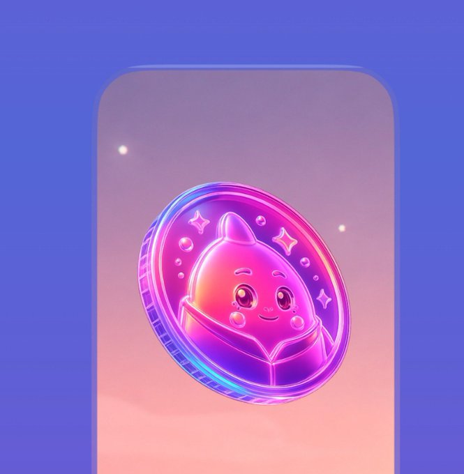 A digital illustration of a cute, stylized pink and purple coin featuring a character with large eyes and small fins or ears, set against a gradient blue and peach background.