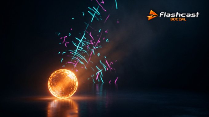 A digital graphic showing a glowing orange sphere emitting colorful neon streaks, with the 'Flashcast Social' logo in the upper right corner.