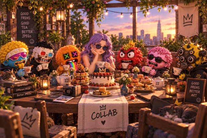 A stylized digital artwork of a tea party on a rooftop with a city skyline at sunset, featuring an anime-style girl with purple hair surrounded by quirky, colorful monster-like characters, with signs reading 'GOOD FRENS GOOD TEA BETTER JPEGS' and 'COLLAB'.