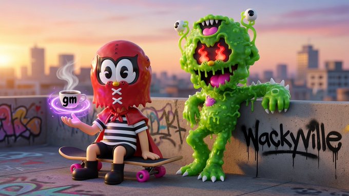 A 3D-rendered scene showing a red-hooded character holding a steaming 'gm' mug next to a green multi-eyed monster with a fiery mouth, standing by a wall tagged 'WackyVille' with a city skyline at sunset.