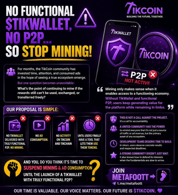 The image is a graphic demanding that TikCoin suspend mining and ad consumption until a functional TikWallet with P2P is launched, titled "NO FUNCTIONAL $TIKWALLET, NO P2P... SO STOP MINING!" and featuring TikCoin branding, a "P2P NOT ACTIVE" badge, and a call to join Metafoott.

The accompanying post reinforces the infographic's message by questioning the value of mining when there is no functional TikWallet to allow users to fully utilize their earned tokens.