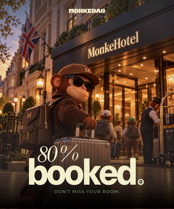 A promotional image for 'MonkeHotel' by Monkedao featuring a 3D monkey mascot with sunglasses and a backpack holding a suitcase outside the hotel, with text '80% booked' and 'DON'T MISS YOUR ROOM.'