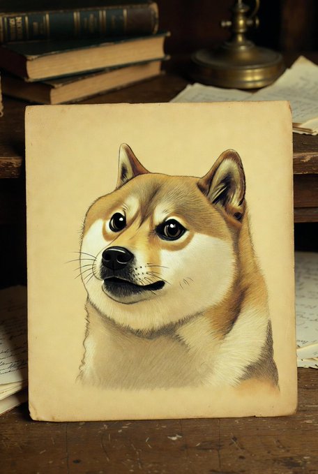 A vintage-style illustration of a smiling Shiba Inu dog on aged paper, displayed on a wooden desk with old books and a brass lamp in the background.
